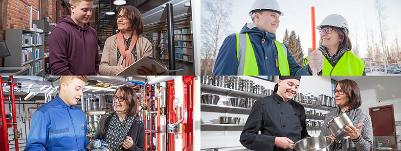 Neljä kuvaa nuoresta miehestä ja naisesta eri työtilanteissa.